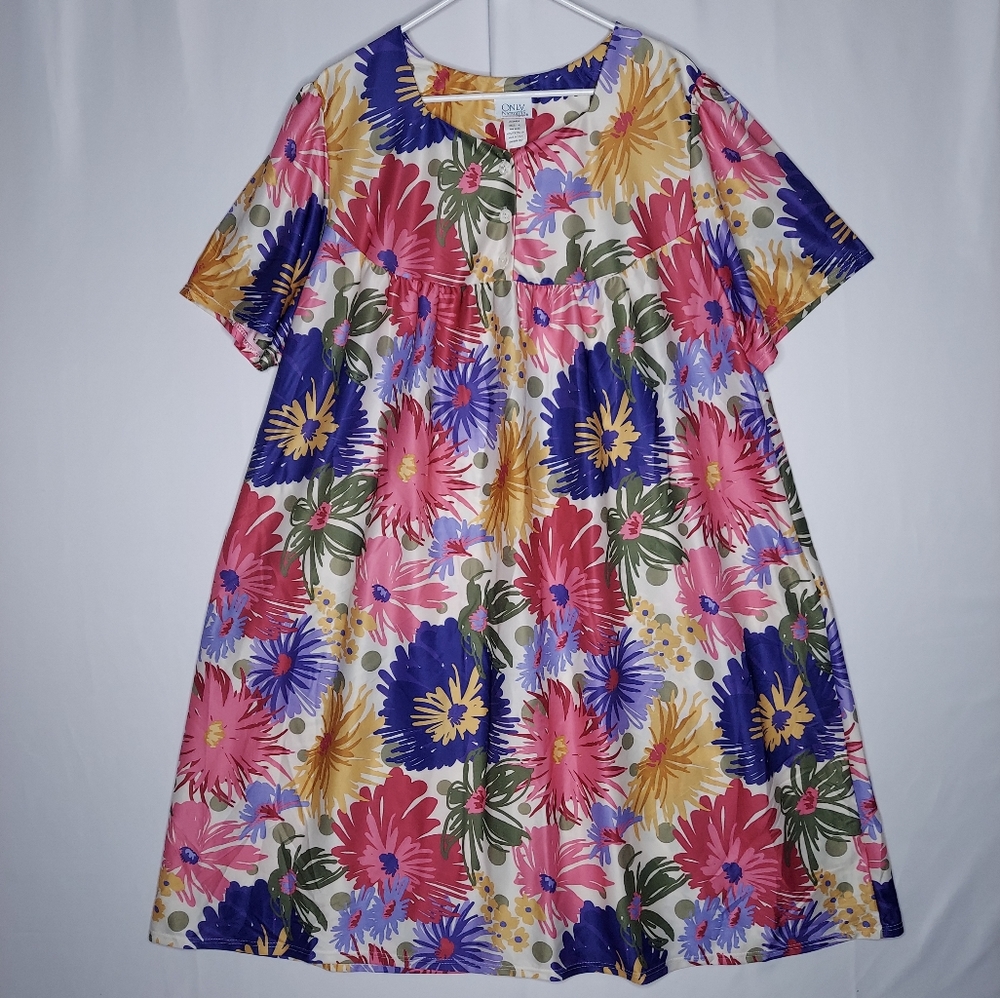 Only Necessities House Dress Floral Multicolor Midi Pocket Button Scoop Neck 90s